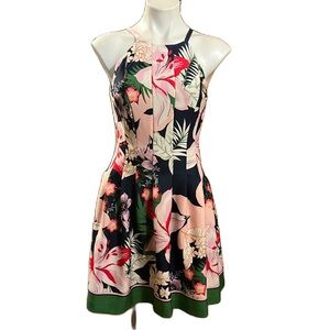 Vince Camuto Pink and Green Floral Halter Fit and Flare Sundress 6